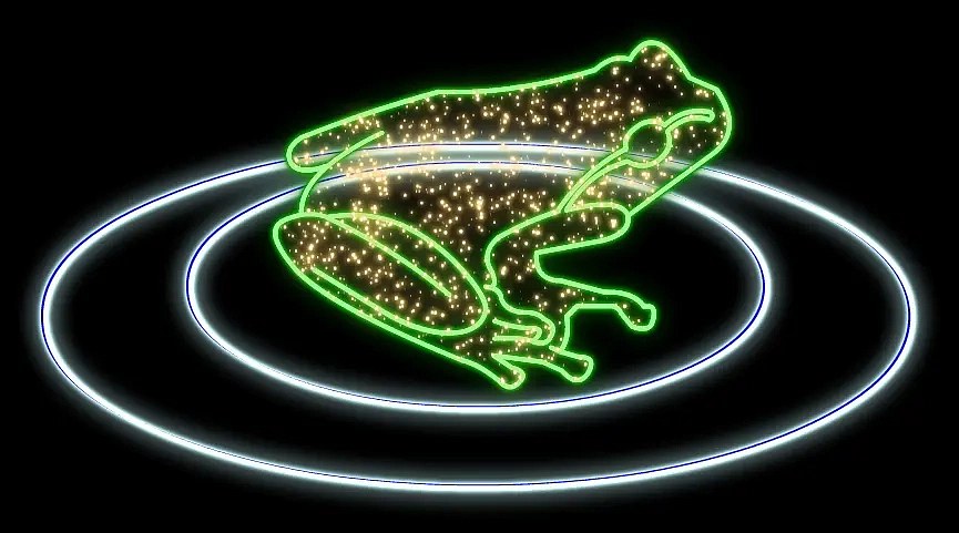 2D LED light frog, coloured, 120 × 160 × 60 cm, standing, 3D printing
