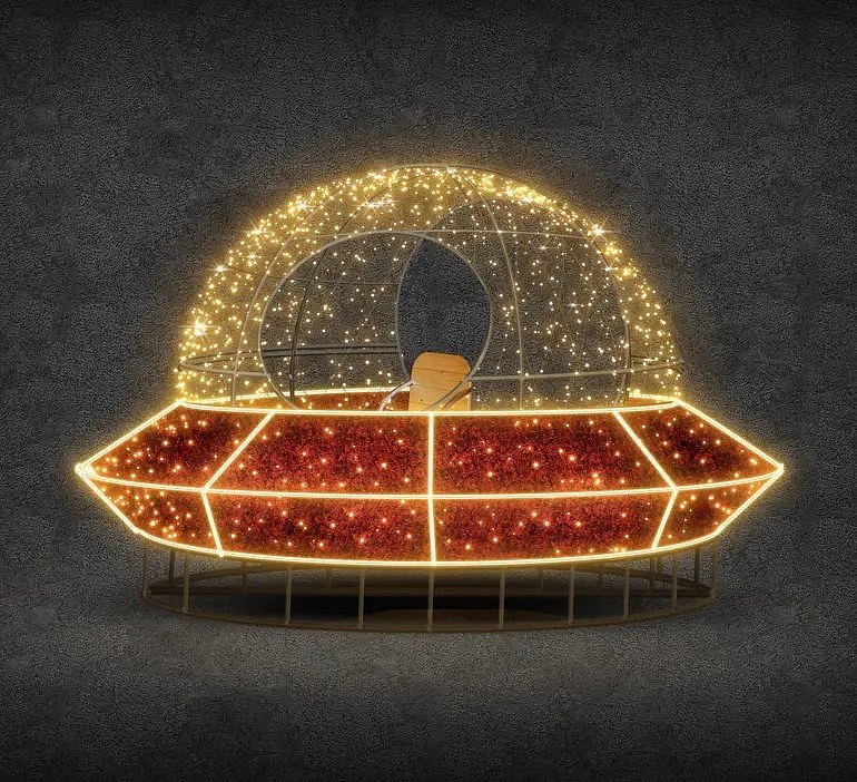 Eco Fix 3D LED light UFO, 230 × 180 × 230 cm, warm white, standing, aluminium