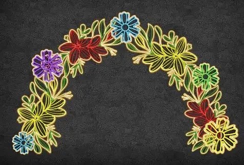 2D LED light flowers, coloured plastic, 540 × 340 cm, warm white, standing, 3D printed, aluminium