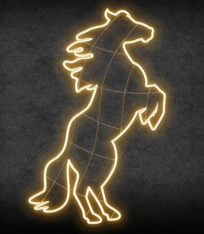 Easy Fix 2D LED light horse, rising, 195 × 310 cm, warm white, standing, 3D printed, aluminium