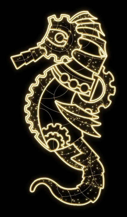 Eco Fix 2D LED light seahorse, left, v2, 195 × 105 cm, warm white, standing, 3D printed, aluminium