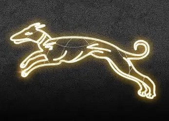 Eco Fix 2D LED light dog, in jump, gold colour, 150 × 85 cm, warm white, standing, 3D printed, aluminium