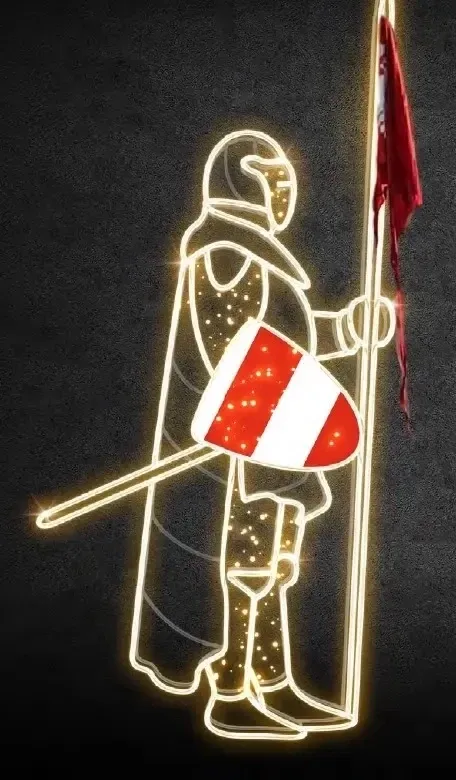 Eco Fix 2D LED light knight VI, shield in right hand, 245 × 110 cm, warm white, standing, 3D printing