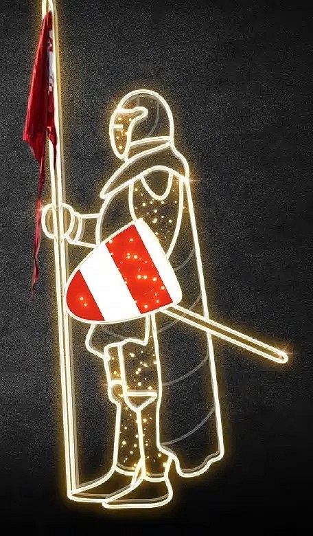 Eco Fix 2D LED Light Knight VII, shield in left hand, 245 × 110 cm, warm white, standing, 3D printing