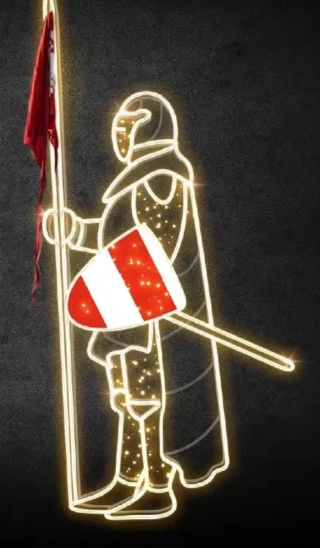 Eco Fix 2D LED Light Knight VII, shield in left hand, 245 × 110 cm, warm white, standing, 3D printing