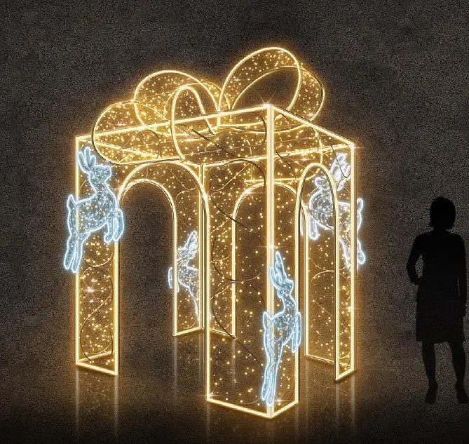 Eco Fix 3D LED light gift, 200 × 350 × 200 cm, warm white and 4× reindeer, aluminium