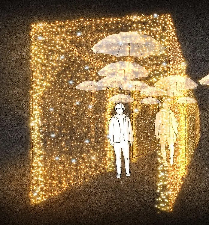 3D LED light tunnel with umbrellas, 210 x 300 x 400 cm, warm white with Flash, 36 V, 53.7 W, 54 kg, made of 8 parts