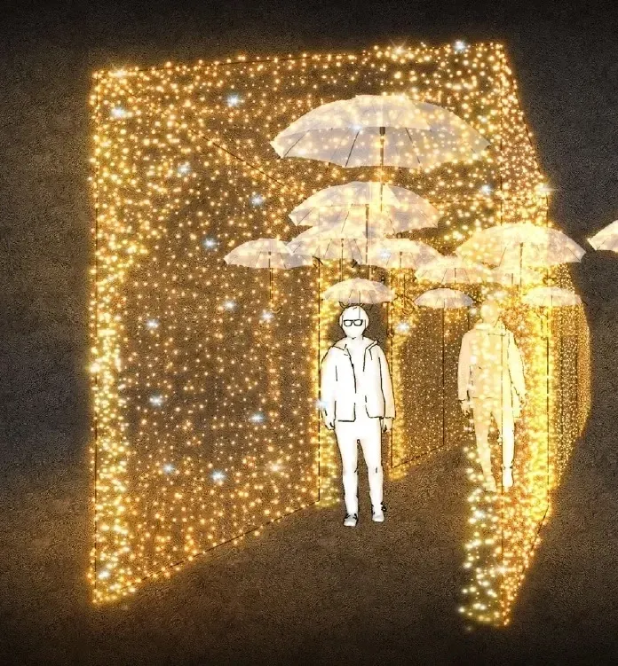 3D LED light tunnel with umbrellas, 210 x 300 x 400 cm, warm white with Flash, 36 V, 53.7 W, 54 kg, made of 8 parts