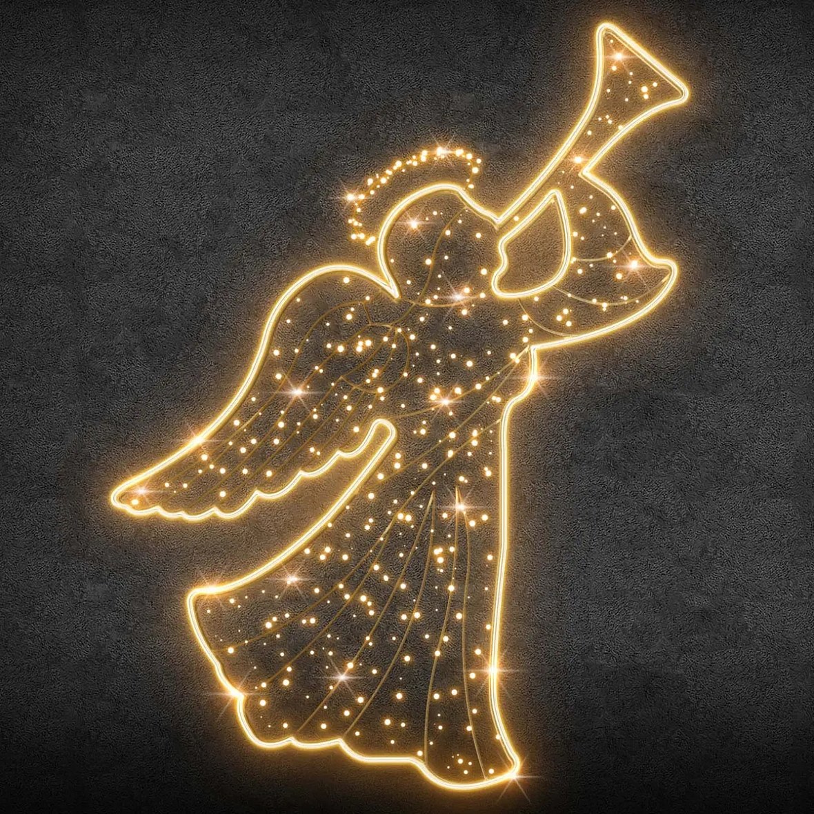 Easy Fix 2D LED light angel with corrugated skirt and tube, standing, 140 × 200 × 62 cm, warm white, 3D printed, gold