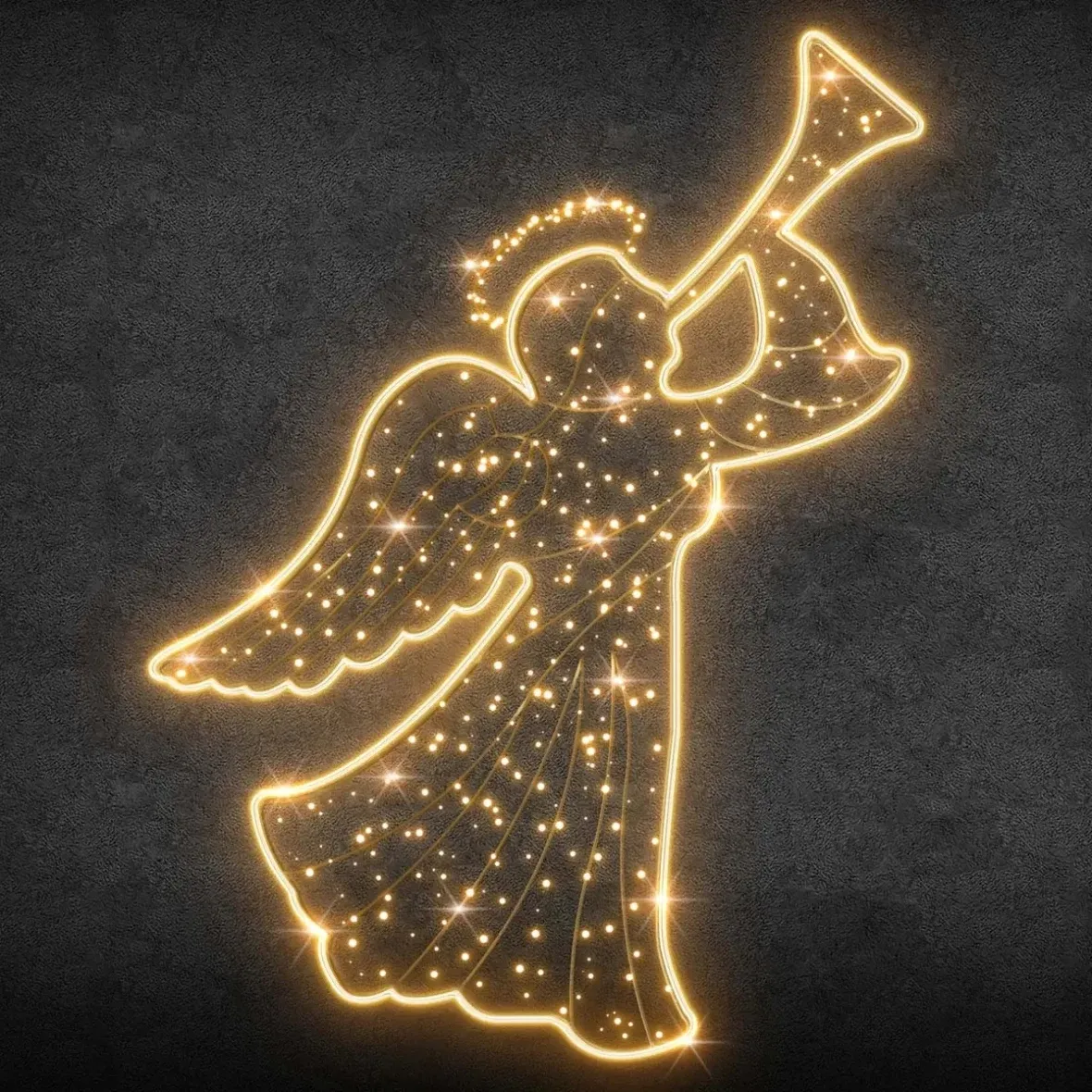 Easy Fix 2D LED light angel with corrugated skirt and tube, standing, 140 × 200 × 62 cm, warm white, 3D printed, gold