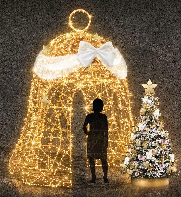 3D LED light bell, 350 cm, gold-plated, warm white with crystal, made of 6 parts, white bow, standing