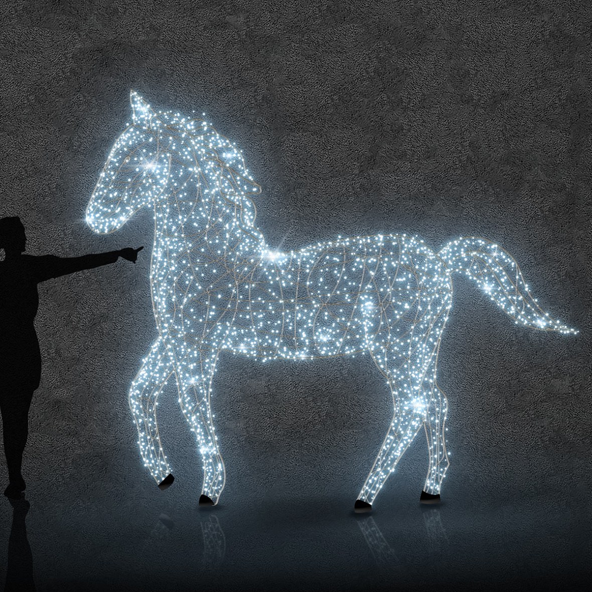 Eco Fix 3D LED light horse with mane, 250 × 250 × 80 cm, ice white with crystal, aluminium