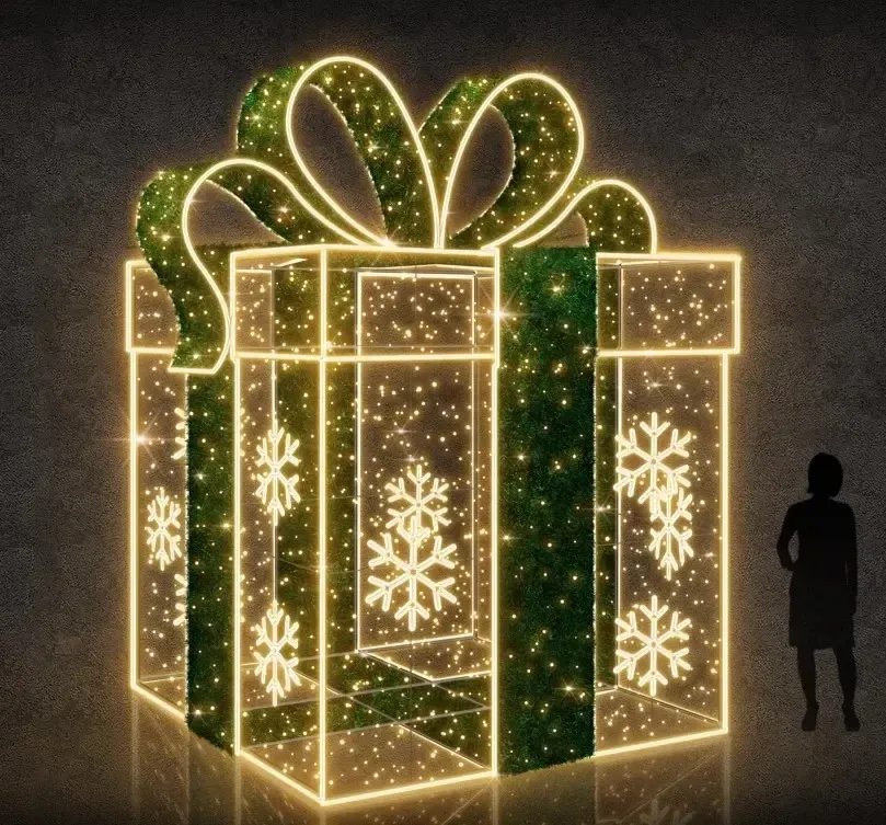 3D gift with bow, 300 x 450 x 300 cm, warm white, 230V, 980W, 272kg, 26 parts
