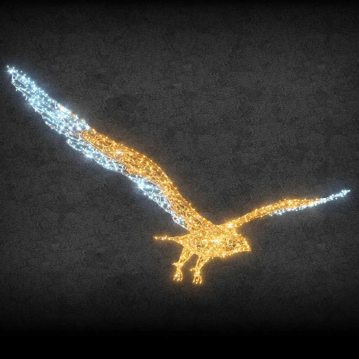Eco Fix 3D LED light eagle, 440 × 45 × 130 cm, warm and icy white, aluminium