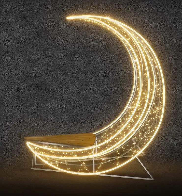 Moon-shaped 3D LED light bench, 200 × 194 × 80 cm, warm white, 36 V, 47.5 W, 29 kg