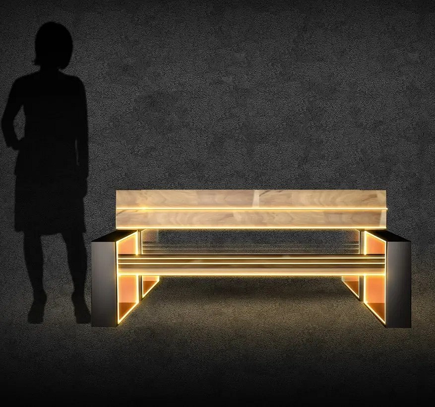 3D LED light bench, 150 × 85 × 40 cm, warm white, lacquered