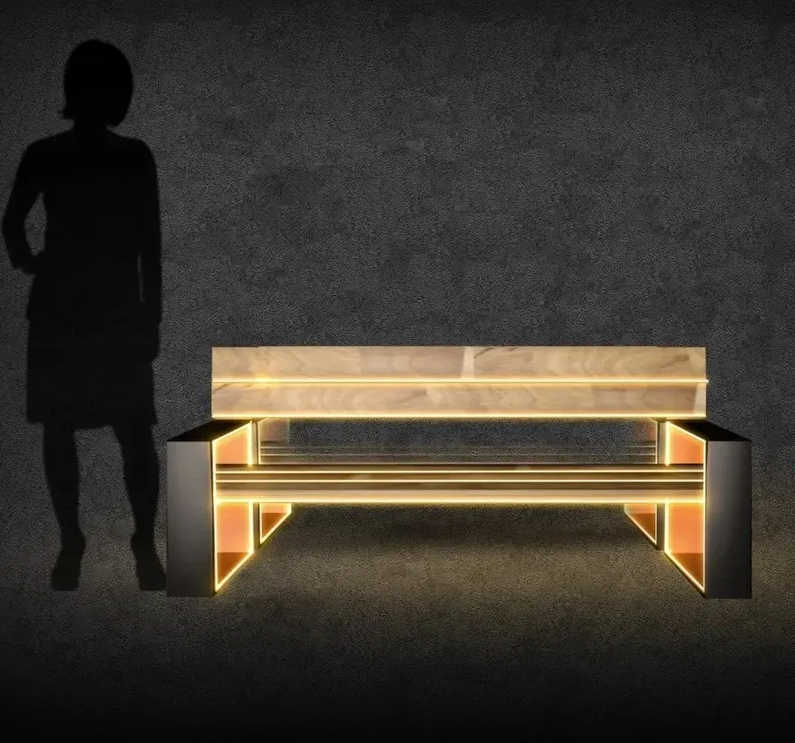 3D LED light bench, 150 × 85 × 40 cm, warm white, lacquered