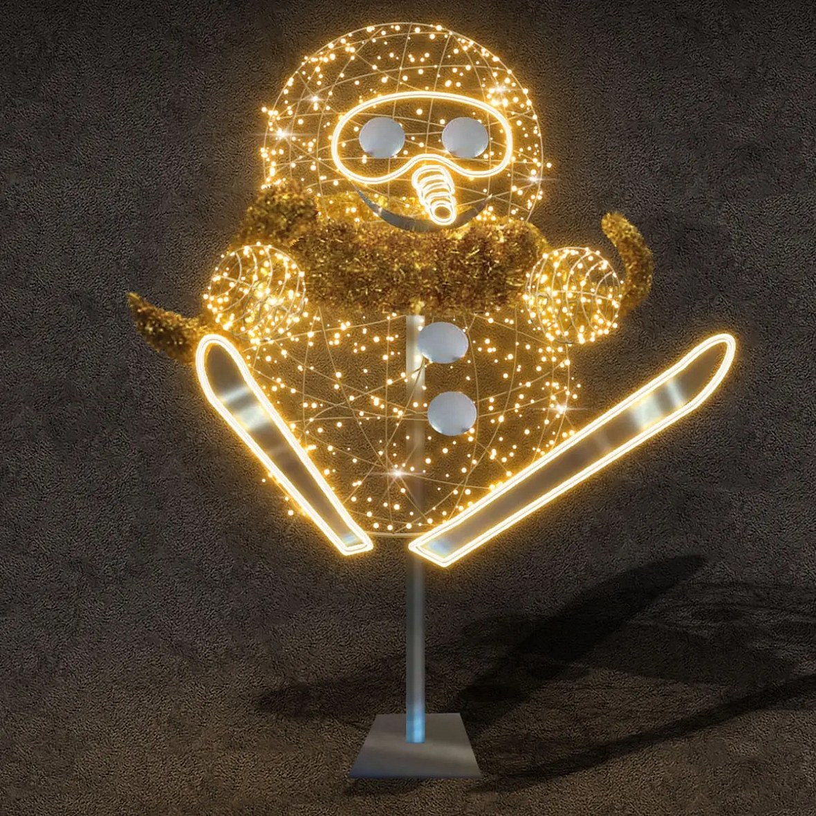Easy Fix 3D LED light snowman in jump, 135 × 237 × 145 cm, warm white, aluminium