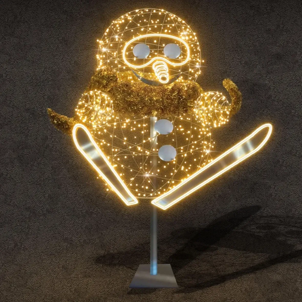 Easy Fix 3D LED light snowman in jump, 135 × 237 × 145 cm, warm white, aluminium