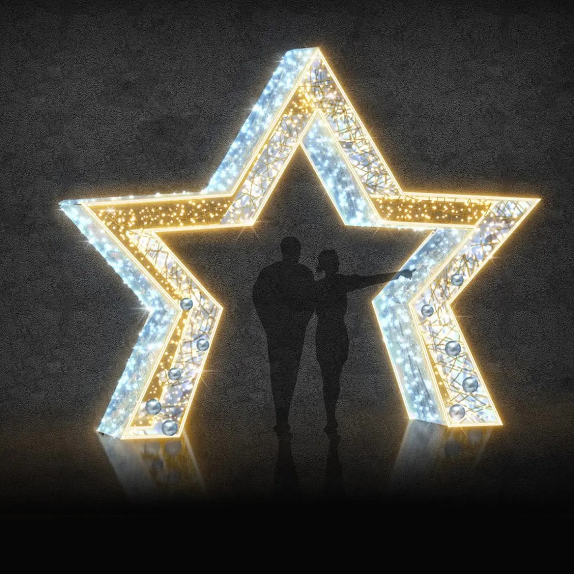 Eco Fix 3D LED star light, 450 × 370 × 70 cm, warm and icy white, aluminium