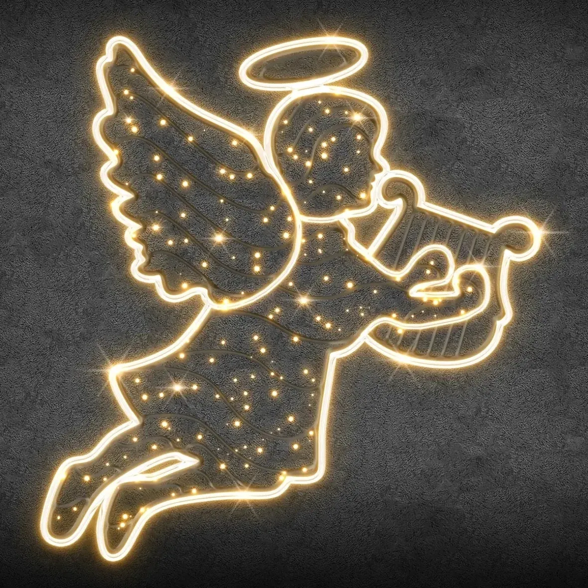 Easy Fix 2D LED light decor, Angel III with harp, 190 × 200 × 3 cm, warm white, hanging, 3D printed, aluminium