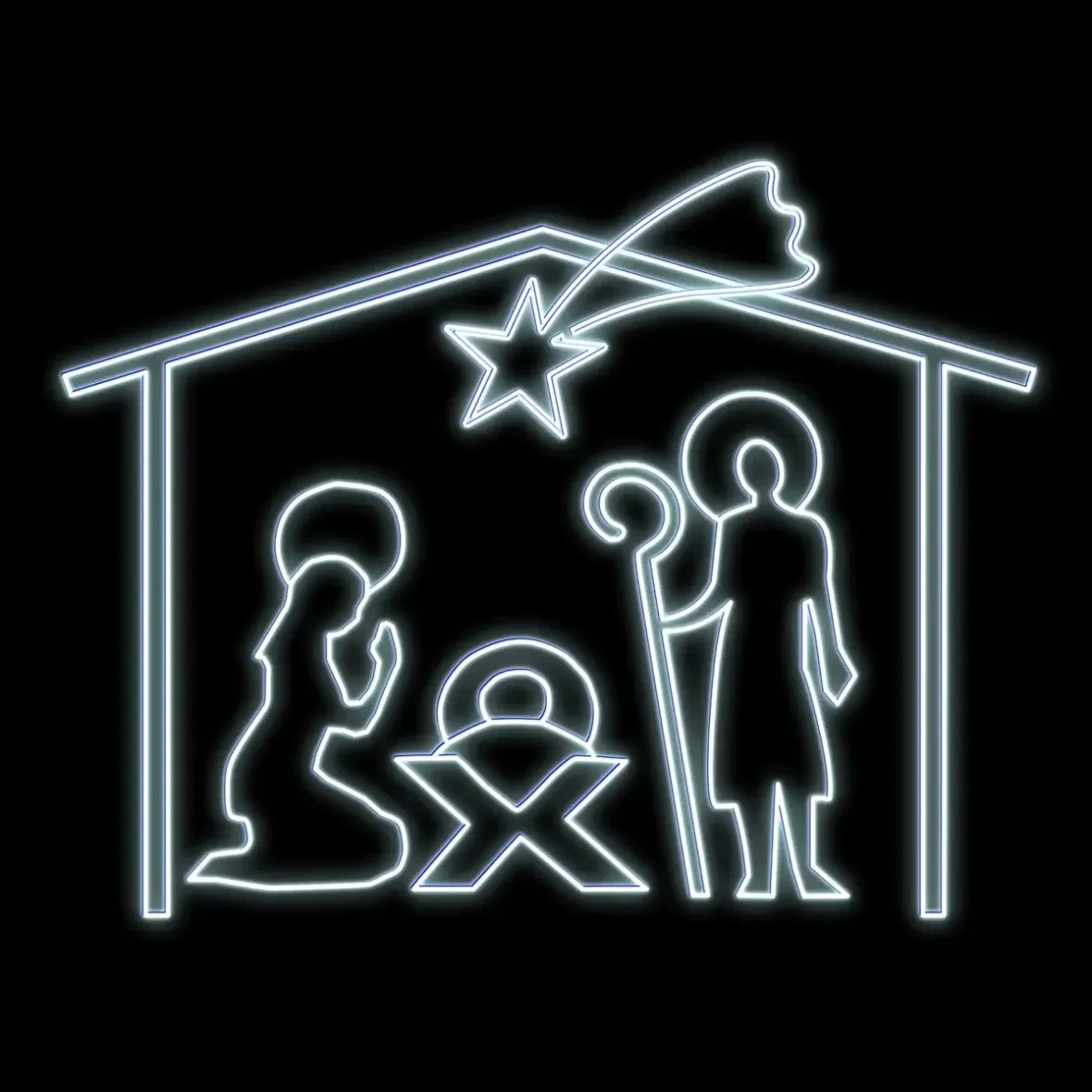 Easy Fix 2D LED illuminated nativity scene, Santa Claus, Mary and Joseph in the stable, outdoor, 162 × 172 × 40 cm, ice white, hanging