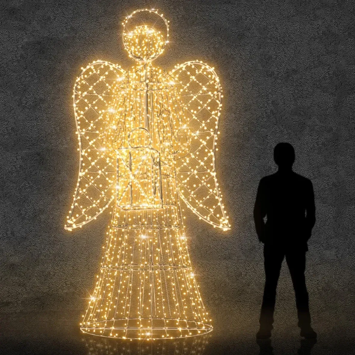 3D LED light angel with lantern, 300 cm, with crystals, warm white, aluminium