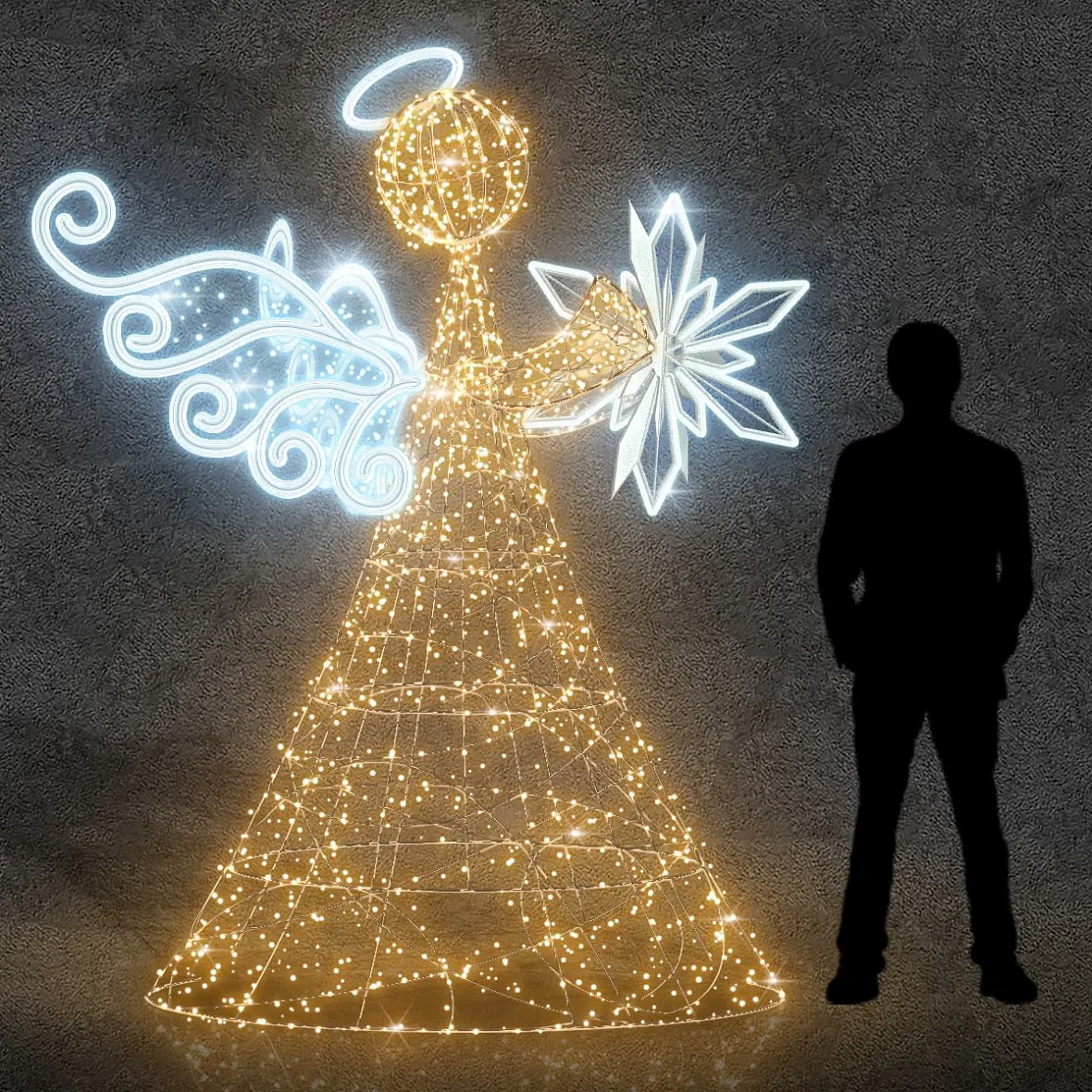 3D LED light angel with star, 250 cm, warm and icy white, aluminium