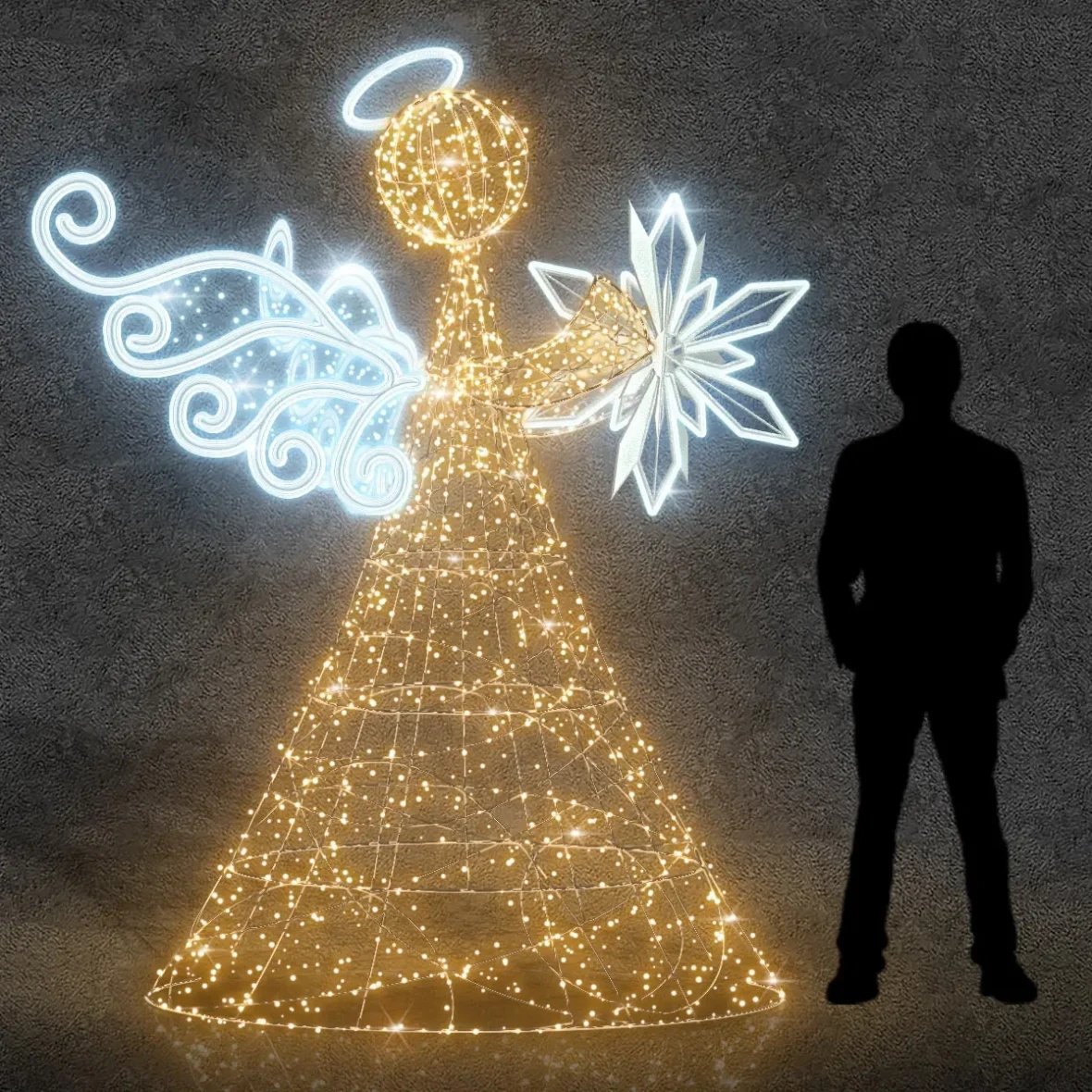 3D LED light angel with star, 250 cm, warm and icy white, aluminium