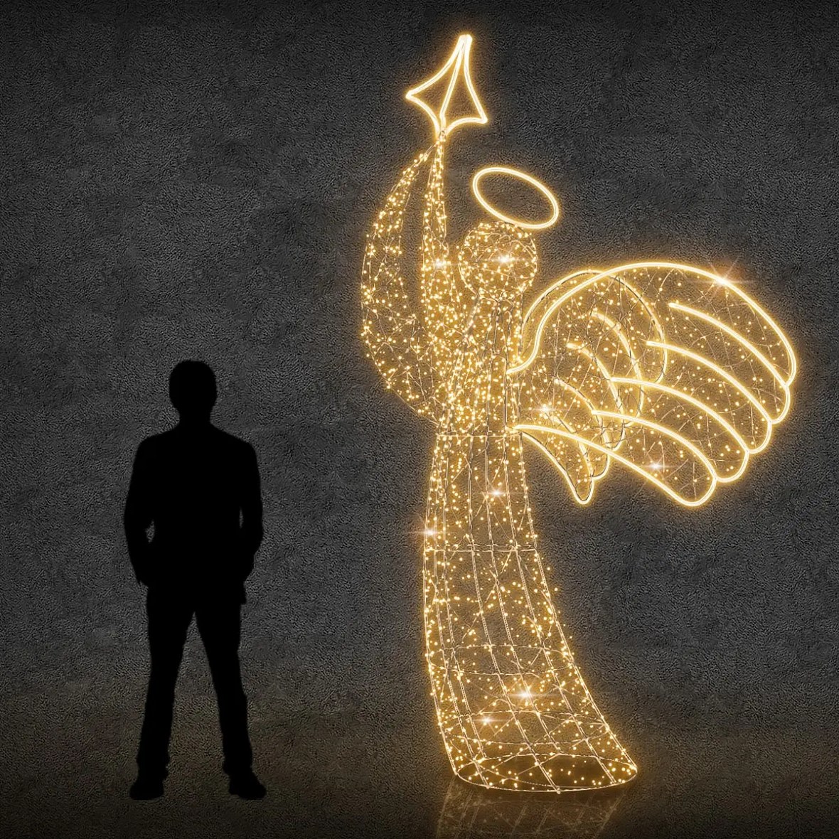 3D LED light angel with star, 150 × 300 × 100 cm, warm white, 36V, 52.4 W, 73.6 kg, 11 parts