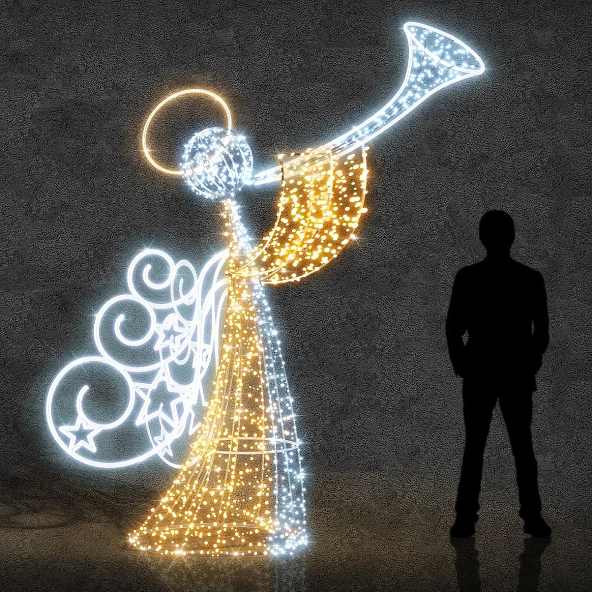 Eco Fix 3D LED light angel with trumpet, 280 cm, warm and icy white, aluminium