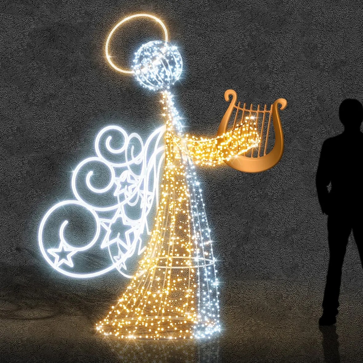 Easy Fix 3D LED light angel with harp, 250 cm, warm and icy white, aluminium
