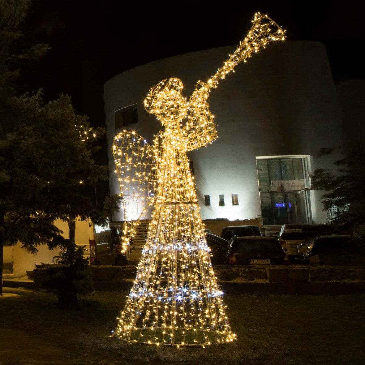 3D LED light angel, 400 cm, with crystals, warm white with Flash, aluminium