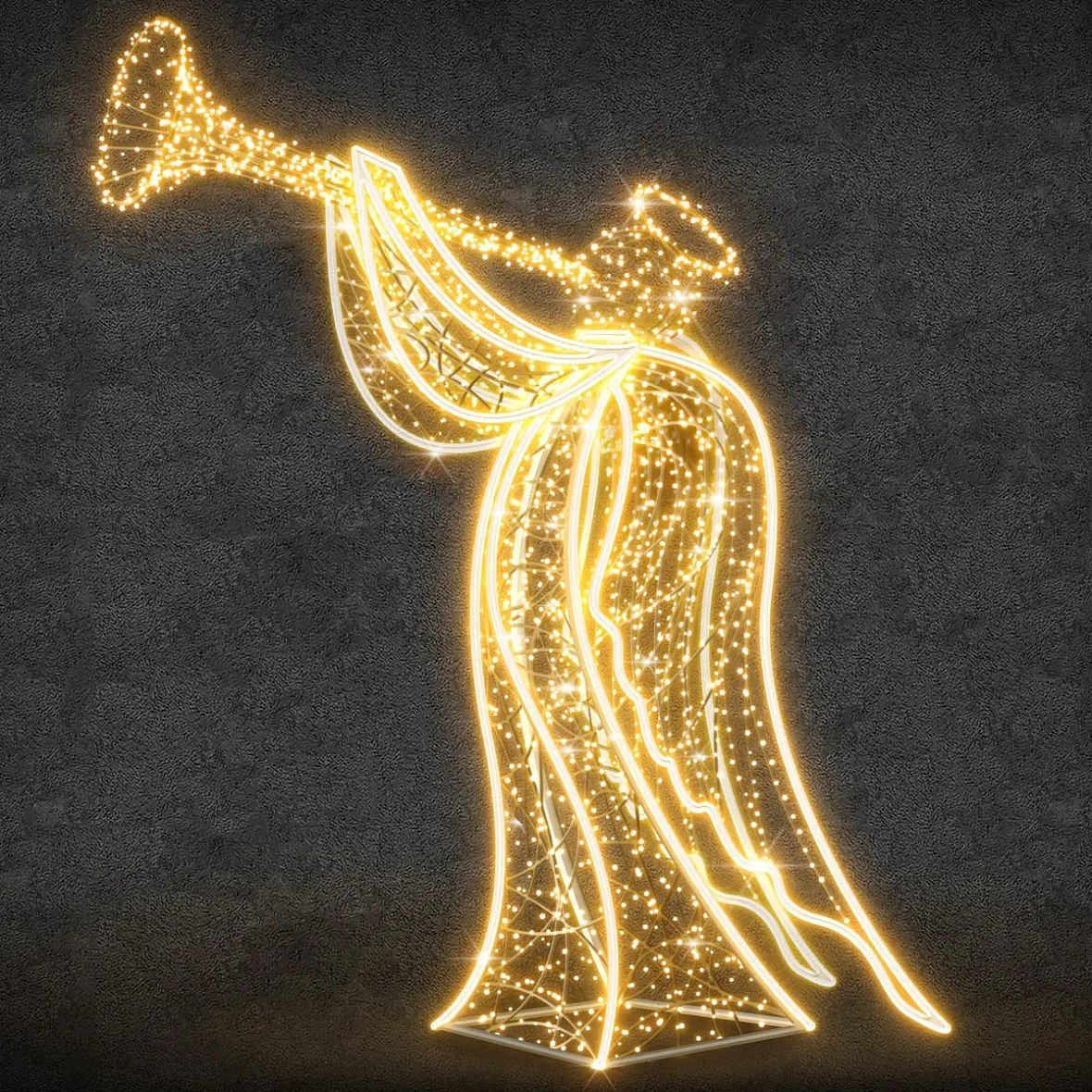 3D LED light angel with trumpet, 165 × 280 × 70 cm, warm white, 36 V, 62 W, 30.6 kg, made of 5 parts