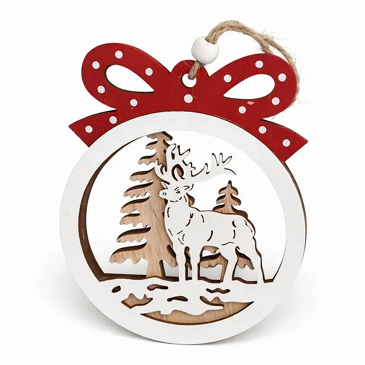 Wooden Christmas tree ornament with reindeer, 10 × 12,5 cm