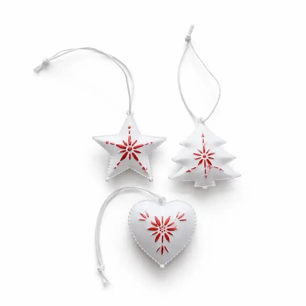 Set of metal Christmas ornaments 5 cm, with patina, 3 types, white and red, pack of 12 pcs