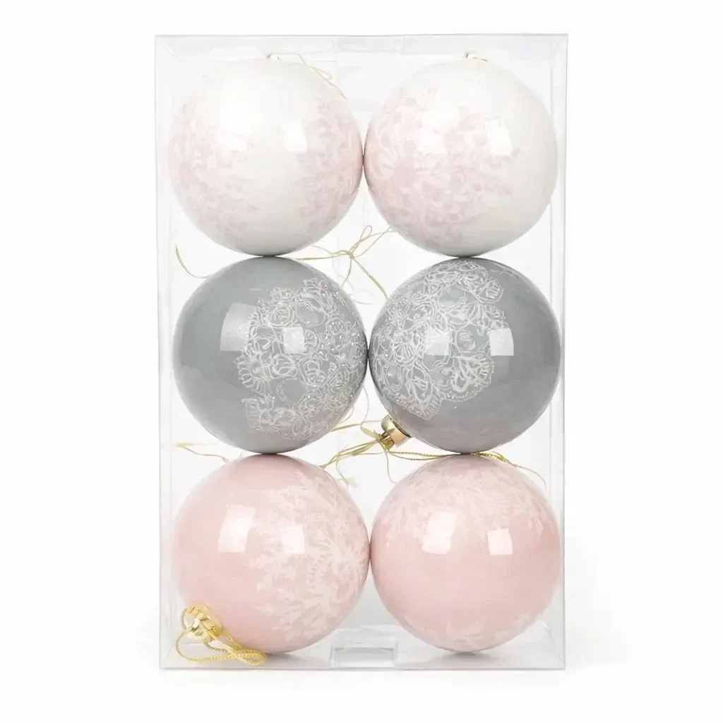 Set of Christmas ornaments balls 8 cm, snowflakes 3 colours, plastic, pack of 6