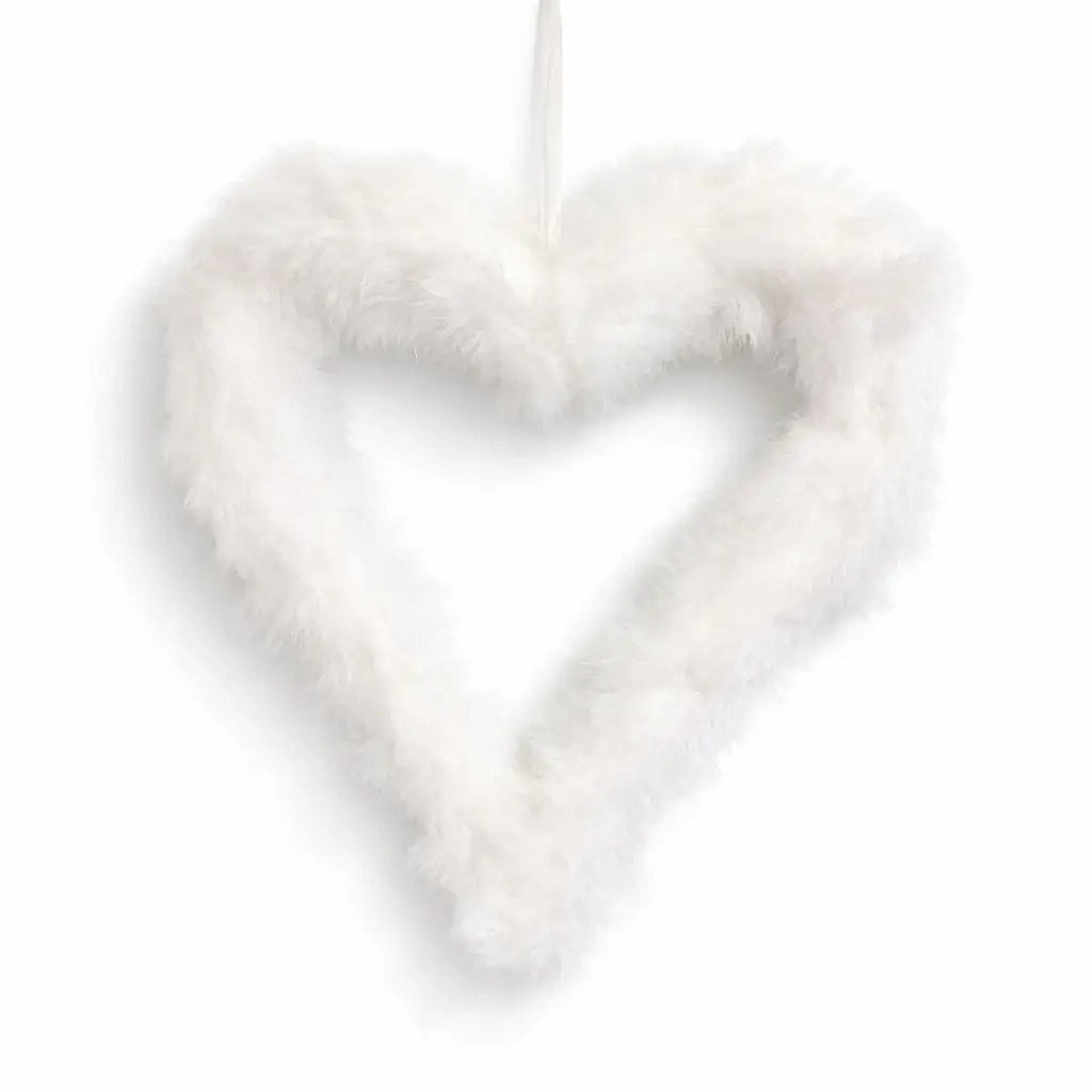 Feather heart decoration, 37 cm, polystyrene, feathers, white, for hanging
