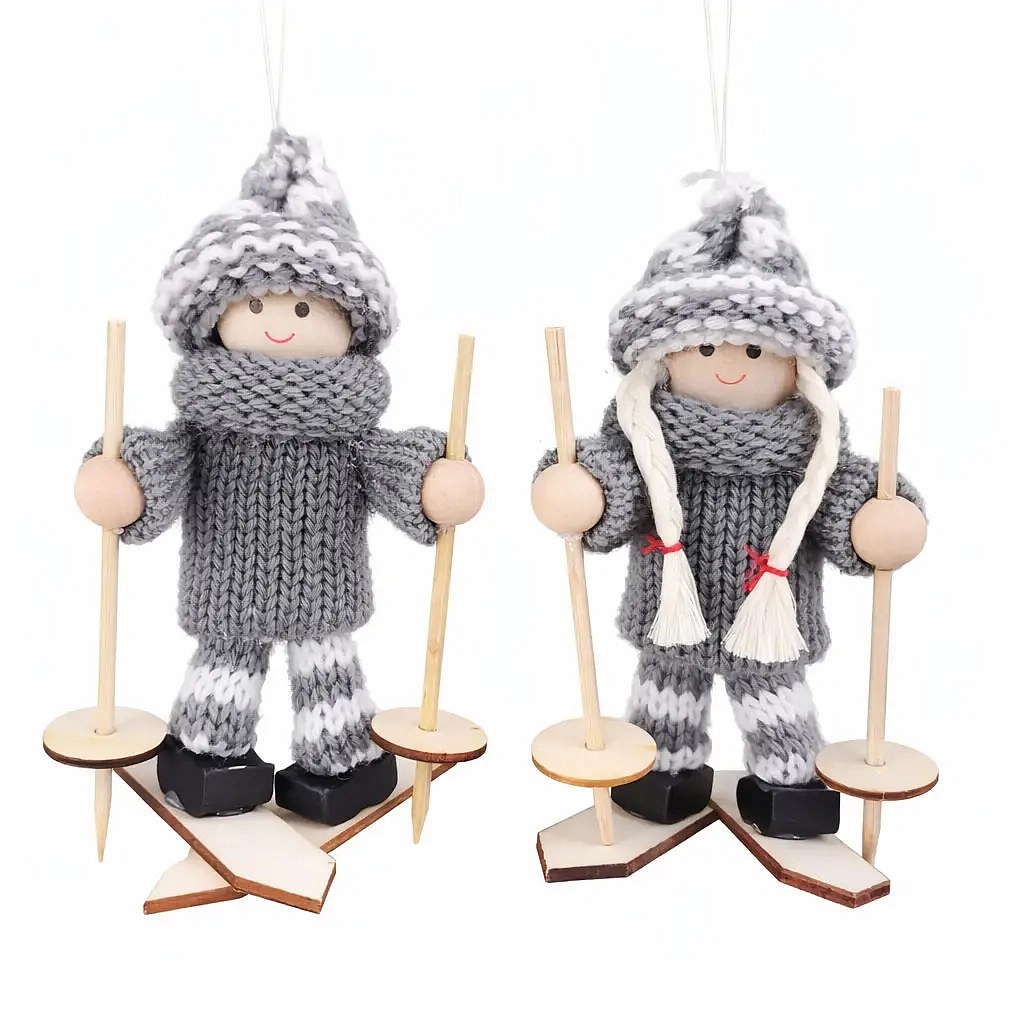 Wooden Christmas tree ornament skier and skier, 13,5 × 7,5 cm, yarn, hanging