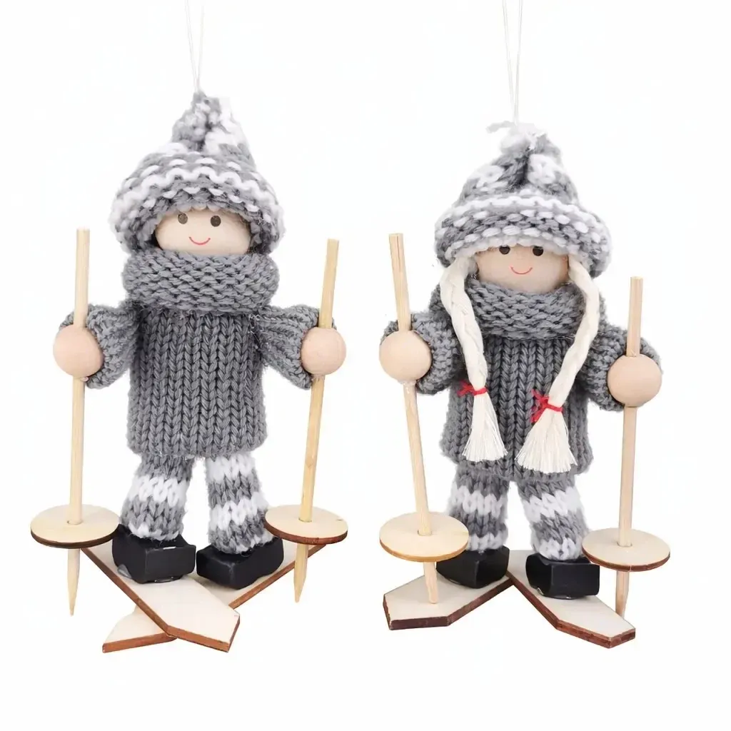 Wooden Christmas tree ornament skier and skier, 13,5 × 7,5 cm, yarn, hanging