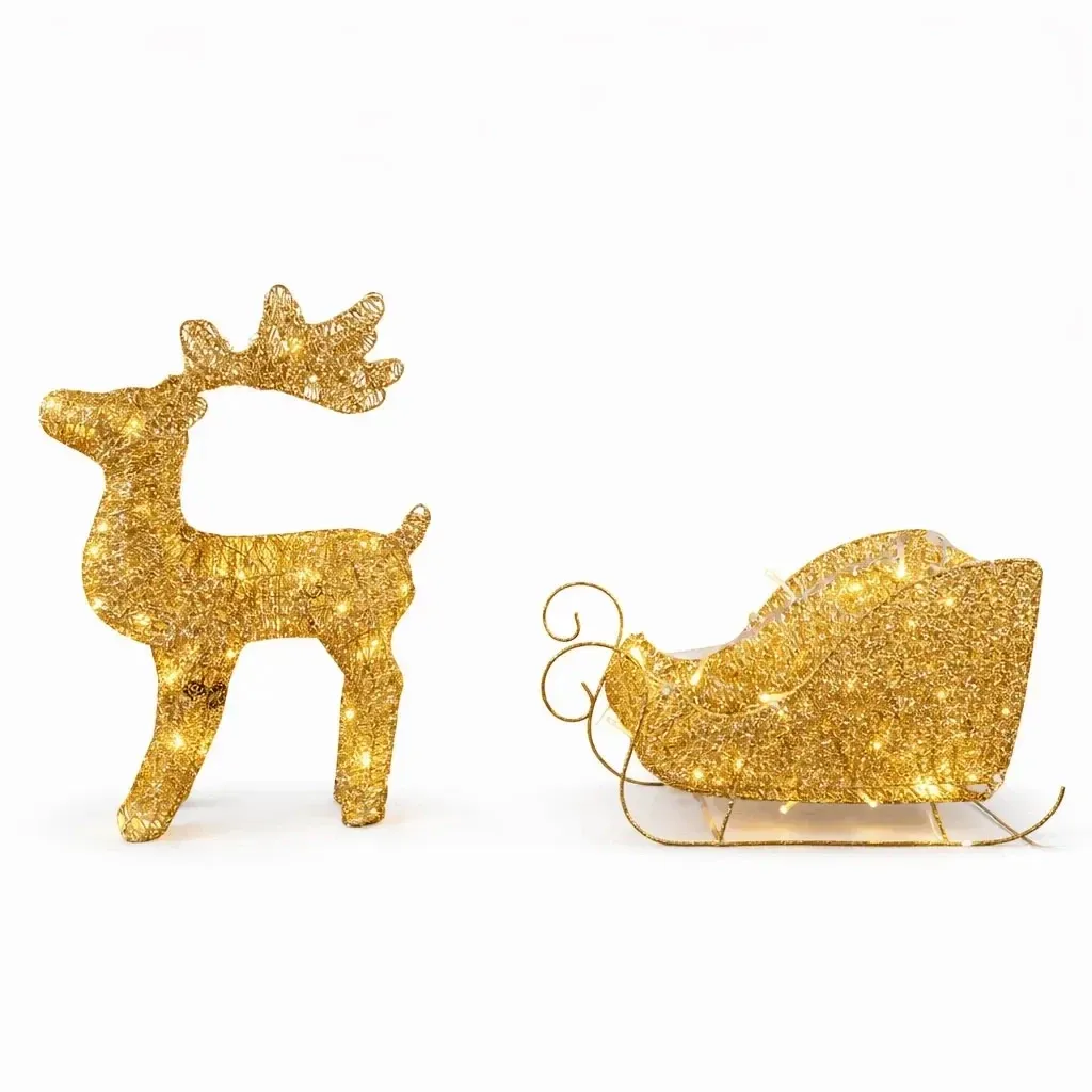 3D LED lighted deer with sleigh, 40 cm, warm white, aluminium, incl. transformer