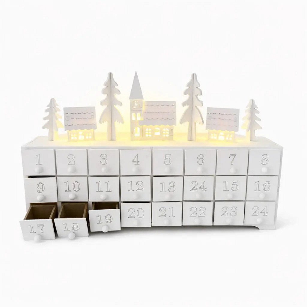 LED Advent calendar, church and cottages, wooden, 37.5 × 23 × 8 cm, white, requires 2 AA batteries