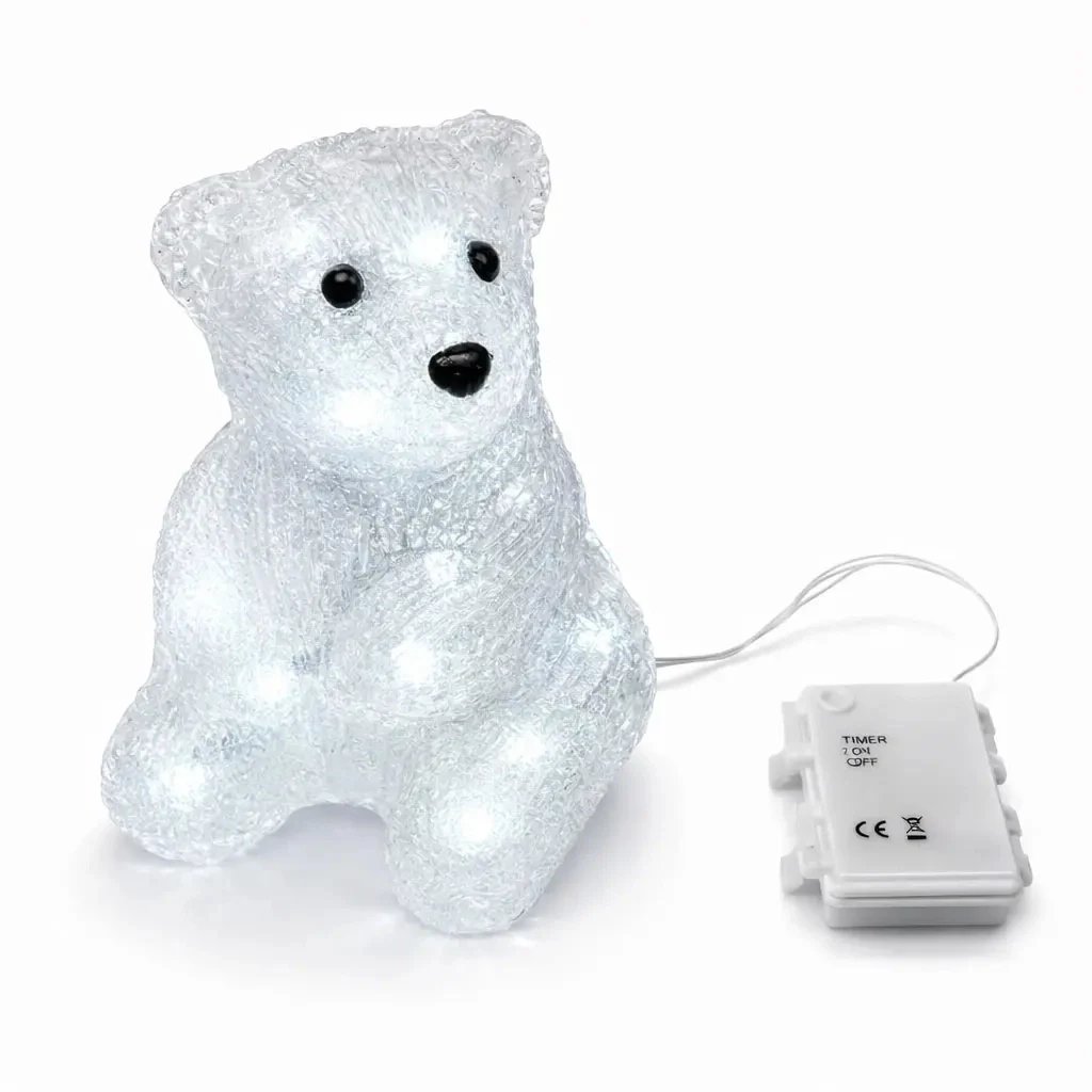 Battery operated 3D LED light bear, 16 LEDs, with timer, 18 × 13 cm, ice white, aluminium, IP44 outdoor