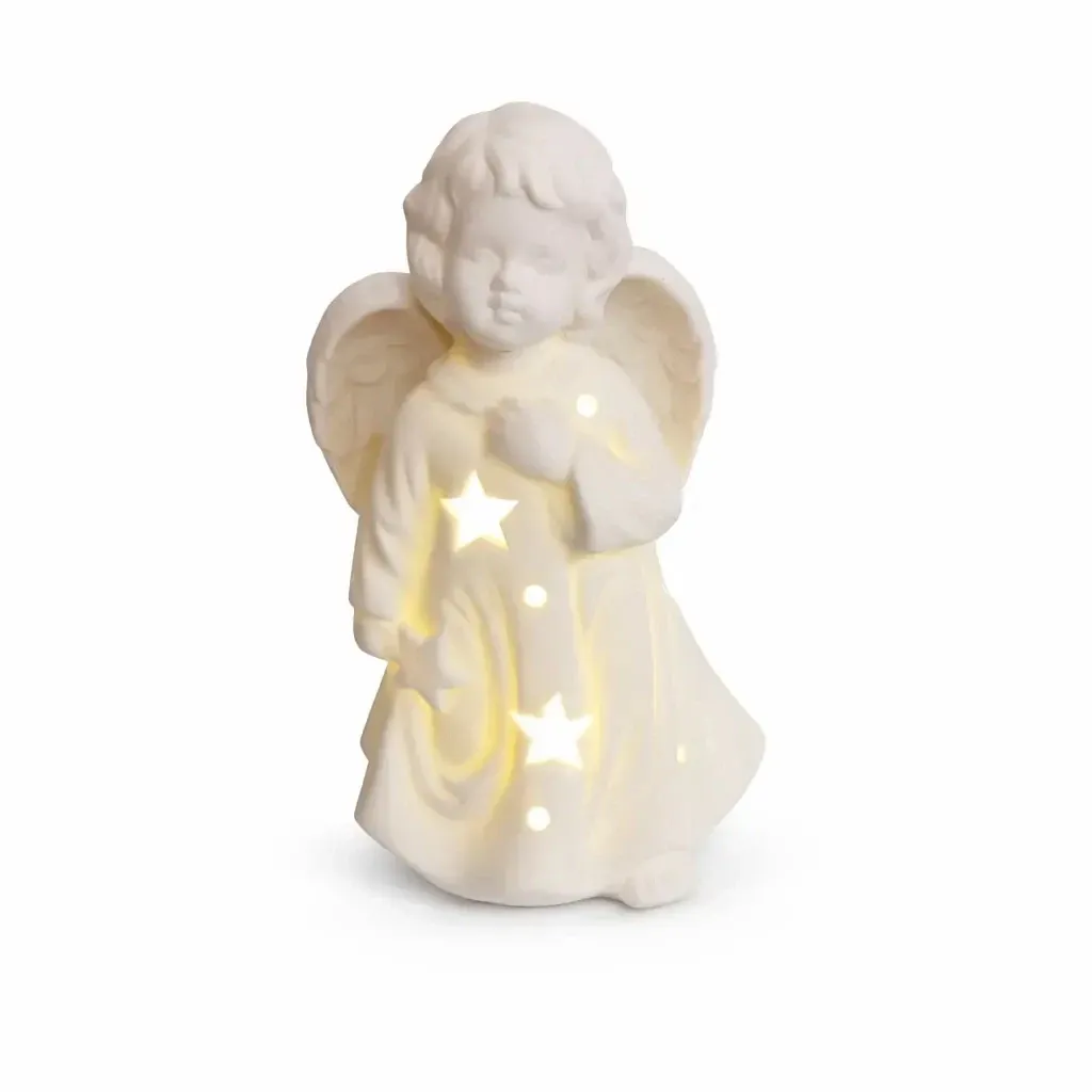 LED lighted ceramic angel 9,3 × 7,6 × 14,9 cm, warm white, 3× LR44
