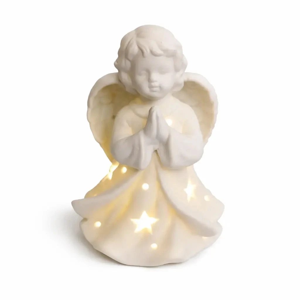 LED ceramic praying angel 9,3 × 7,6 × 14,9 cm, warm white, 2× LR44