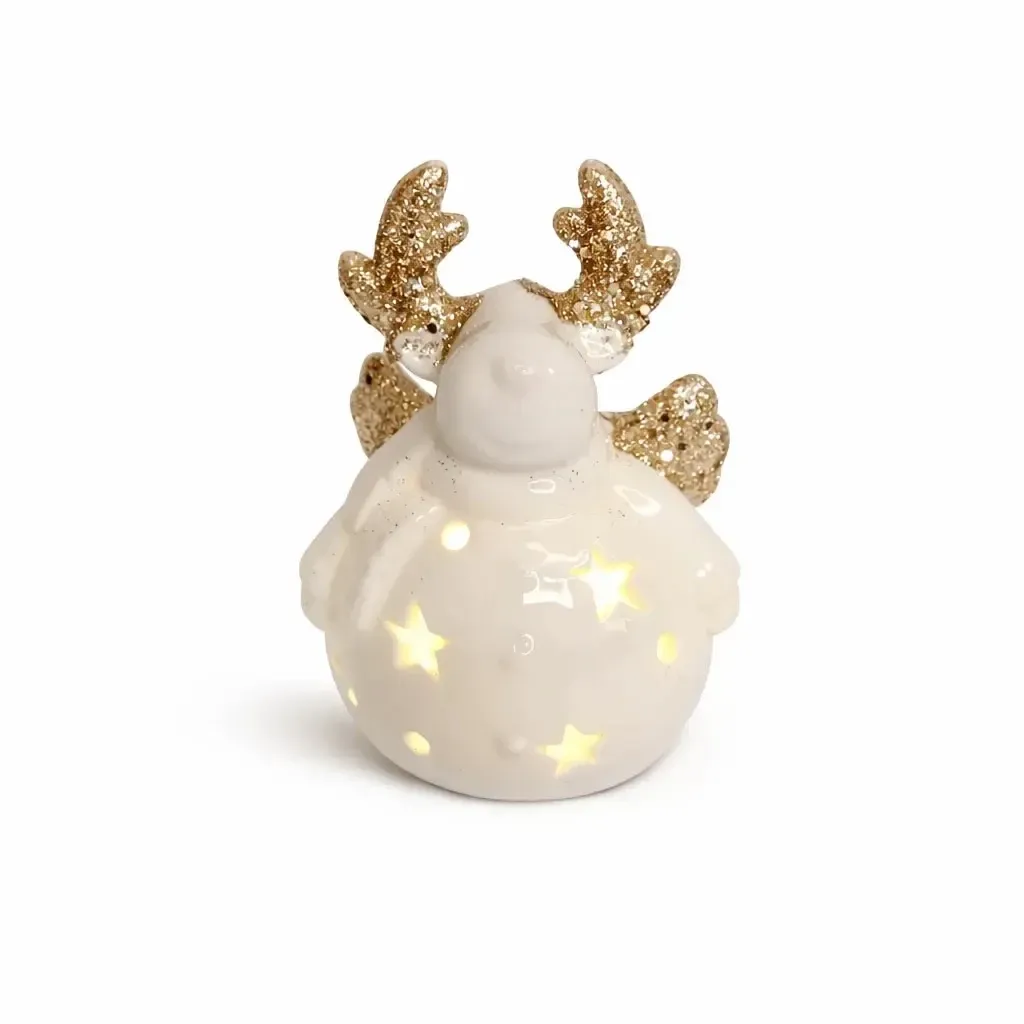 LED ceramic reindeer decoration, 7,3 × 6,5 × 9,3 cm, warm white, 2× LR44