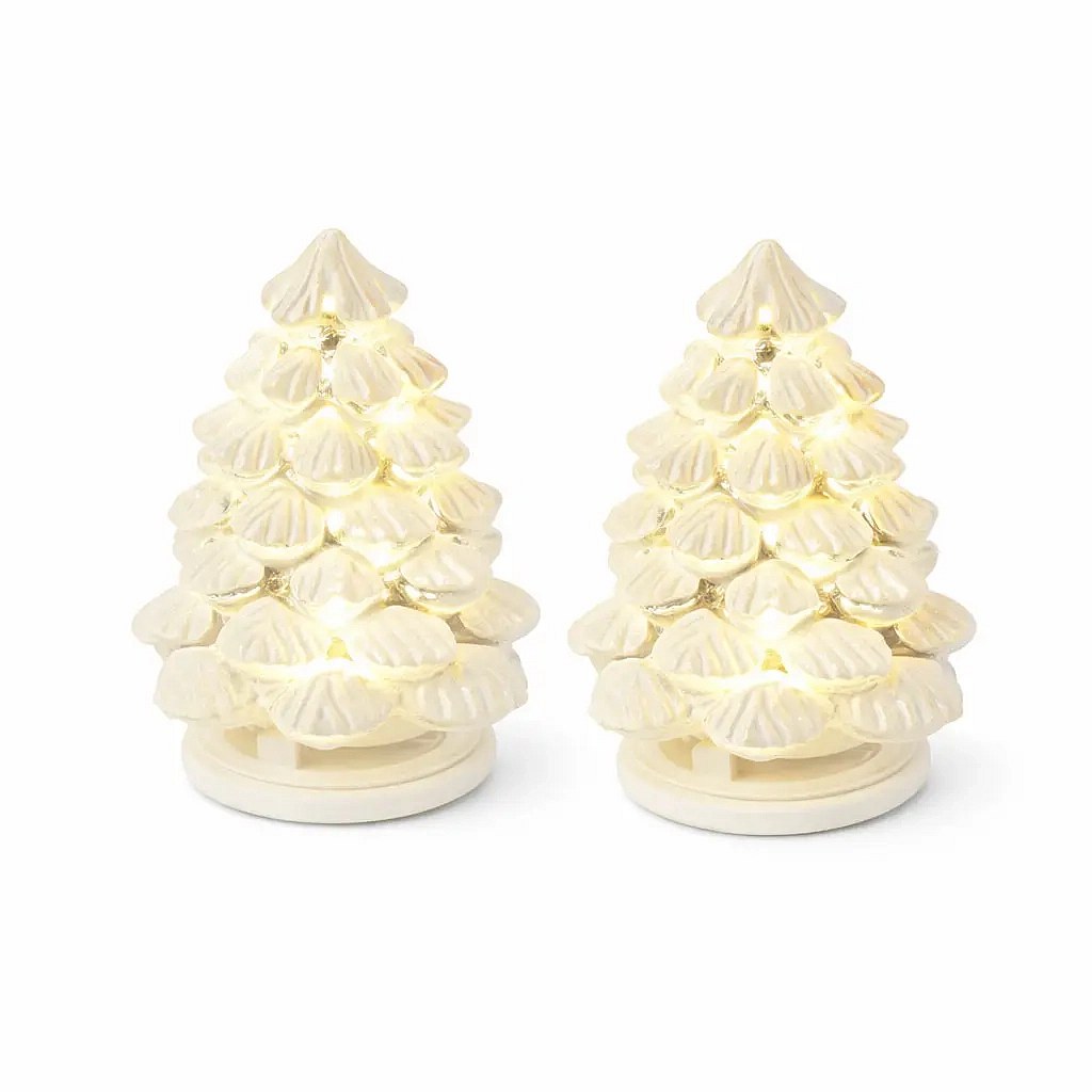 CR2032 battery-operated LED tree light, set of 2, snow-covered, glass