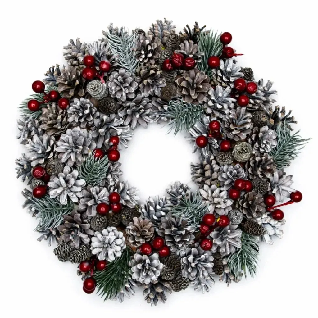 Christmas door wreath made of pine cones and red berries, 35 cm