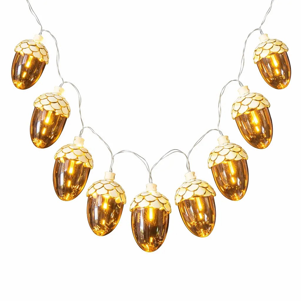 LED lighted acorns on chain, 8 pieces, length 1,3 m, gold