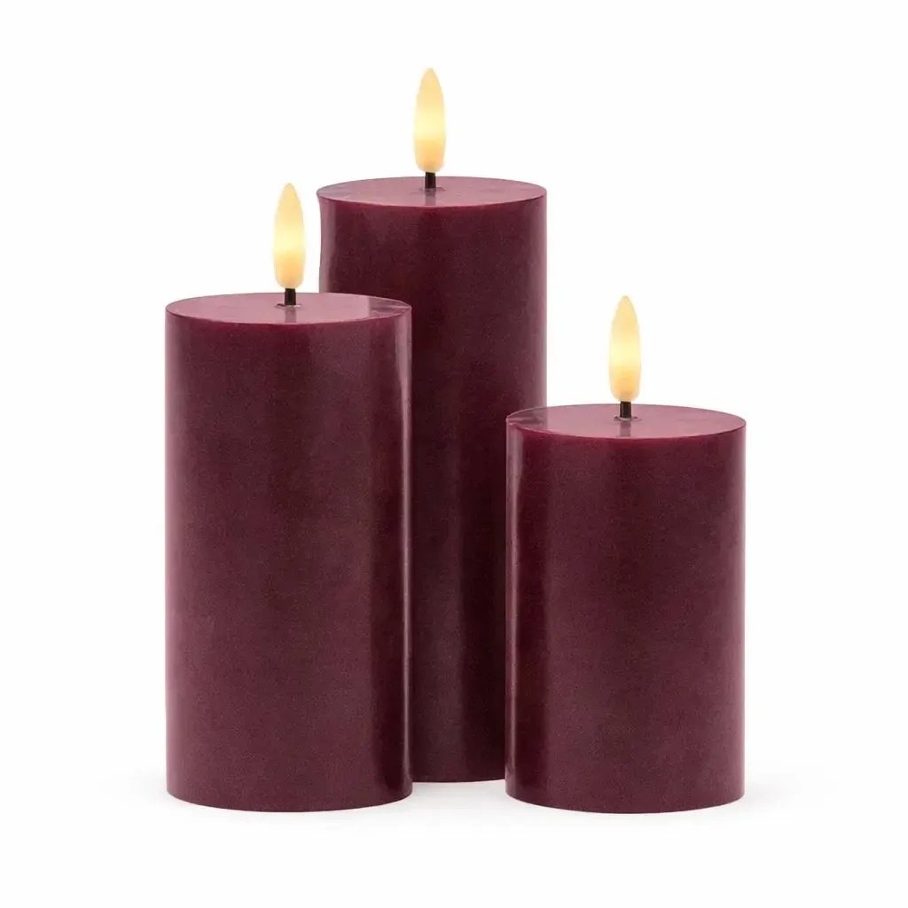 Rechargeable LED candles made of real wax, Bordeaux, set of 3, height 10/12.5/15 cm, diameter 7.5 cm, burgundy, without charging station